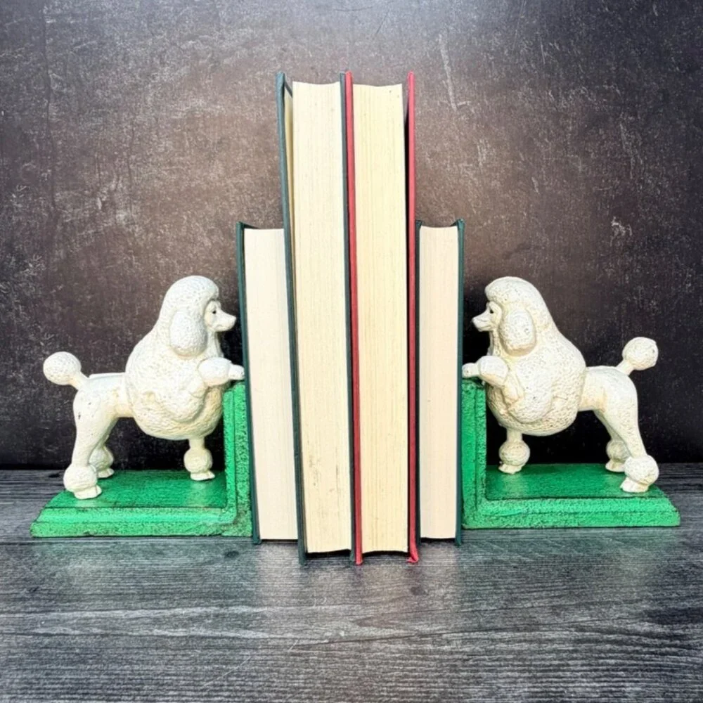 Cast Iron White Poodle Dog Bookends Pair Vintage Style Midcentury MCM Heavy